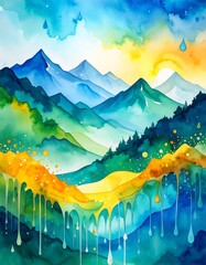 A serene watercolor painting showcasing majestic mountains in soft hues, surrounded by lush green trees, capturing the tranquility of nature's beauty.
