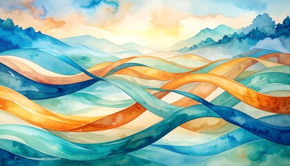 A serene watercolor painting depicting majestic mountains in soft hues, surrounded by lush green trees, capturing the tranquility of nature's beauty.