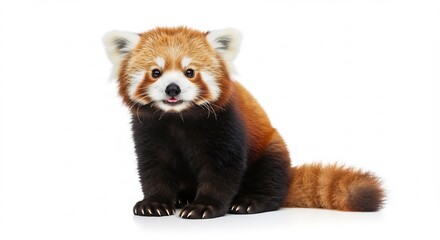 Fototapeta premium Adorable red panda sits calmly against bright white background. AI Generated