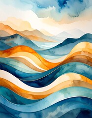 A serene watercolor painting showcasing majestic mountains in soft hues, with gentle waves lapping at the shore, blending nature's beauty harmoniously.