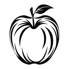 Black and white apple vector graphic illustration with leaf and stem design