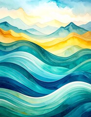 A serene watercolor painting depicting majestic mountains in soft hues, with gentle waves lapping at the shore, blending colors harmoniously.