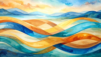 A serene watercolor painting depicting majestic mountains in soft hues, with gentle waves lapping at the shore, blending colors harmoniously.