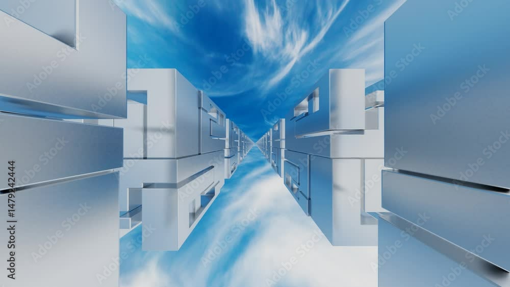 Aufkleber endless forward movement inside a tunnel of rows of abstract cubic figures against a blue sky. 3d re