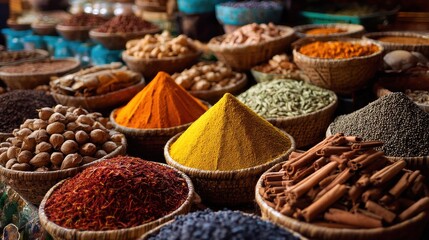 Fototapeta premium A 4K photo of piles of differnt colorful spices, aromatic ingredient.