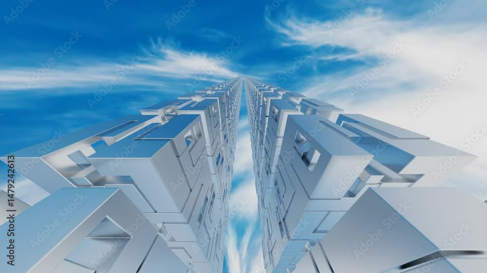 Poster endless forward movement inside a tunnel of rows of abstract cubic figures against a blue sky. 3d re