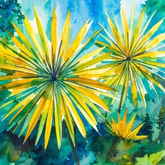 A vibrant watercolor painting featuring delicate yellow flowers in full bloom, surrounded by lush green leaves, creating a cheerful and uplifting scene.