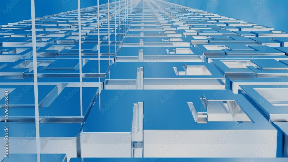 Poster endless forward movement inside a tunnel of rows of abstract cubic figures against a blue sky. 3d re