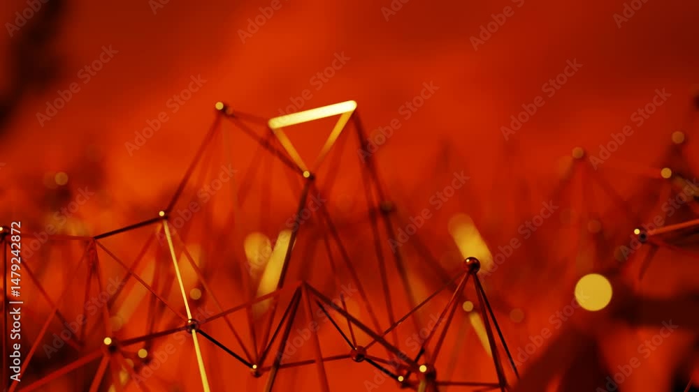 Poster deforming abstract figure made of grid with glossy spheres on orange background. shallow depth of fi