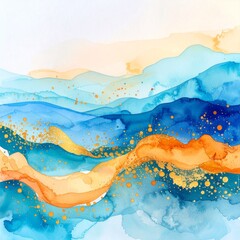 A vibrant watercolor painting featuring a harmonious blend of rich gold and deep blue hues, creating an abstract, fluid design that evokes tranquility.