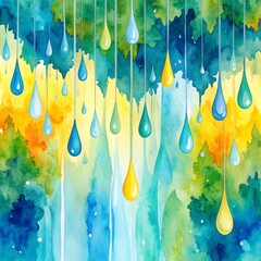 A soft, dreamy watercolor background featuring delicate raindrops in various shades of blue and gray, creating a serene and calming atmosphere.