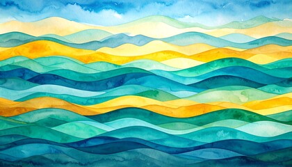 A serene watercolor background featuring soft, flowing waves in varying shades of blue and turquoise, evoking a tranquil oceanic atmosphere.
