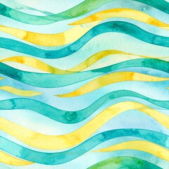 A vibrant watercolor pattern featuring flowing waves in shades of blue and turquoise, with soft white highlights, creating a serene oceanic feel.