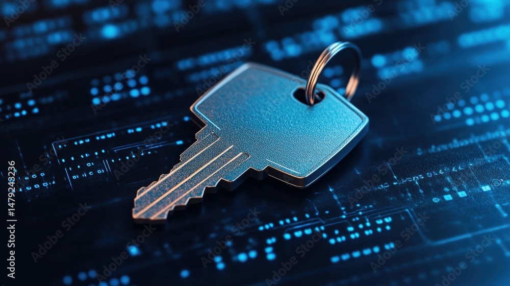 Poster close-up of a silver key holding a metallic key on a digital blue network background symbolizing sec