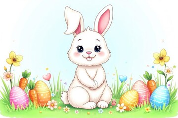 Adorable Easter bunny coloring page featuring carrots, eggs, and spring flowers Perfect for kids' crafts and Easter activities , fun, adorable, preschool