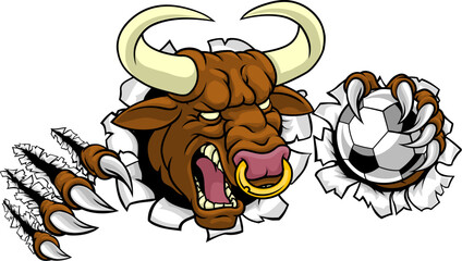 A bull or Minotaur monster longhorn cow angry mean soccer football mascot cartoon character.