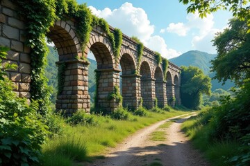 Obraz premium Ancient Roman aqueduct ruins, weathered stone, overgrown with ivy , wall, aged, heritage