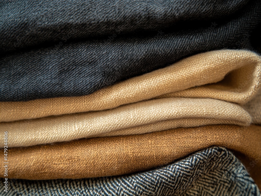 Poster stack of folded natural linen fabrics in neutral tones close up macro studio shot for texture and ba
