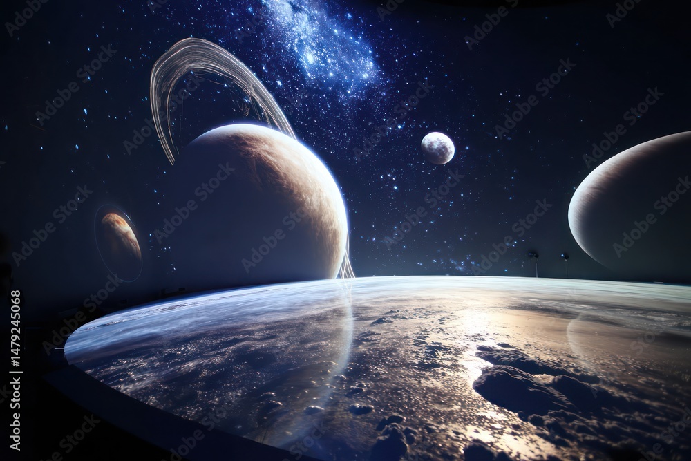 Poster interactive planetarium experience with detailed 3d visualizations of distant exoplanets.
