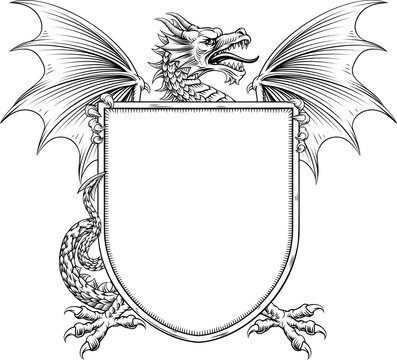 Dragon coat of arms or crest family heraldry medieval heraldic knight shield. In a vintage woodcut style.