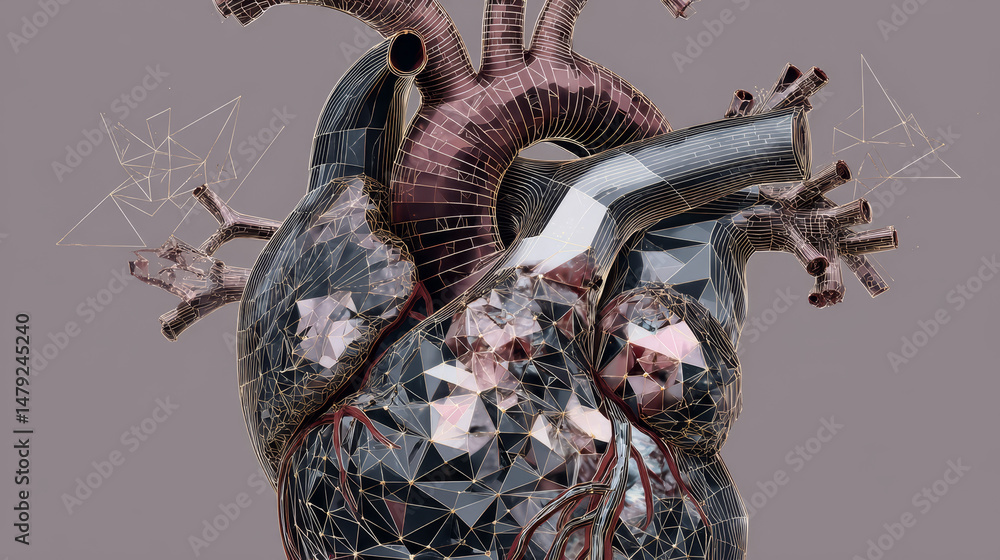 Poster abstract background. heart formed of lines and triangles crashing into pieces, tech vector illustrat