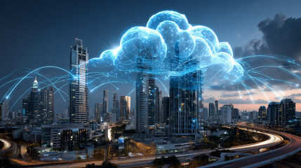 Cloud computing concept. Remote cloud data storage communication with company computer network. Cloud services. Download, upload data on internet. Digital cloud icon over Smart City. Technology IOT.