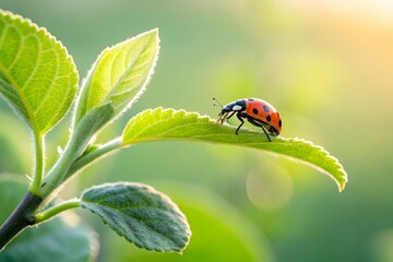 A vibrant ladybug perched on a lush green leaf in a beautiful natural setting