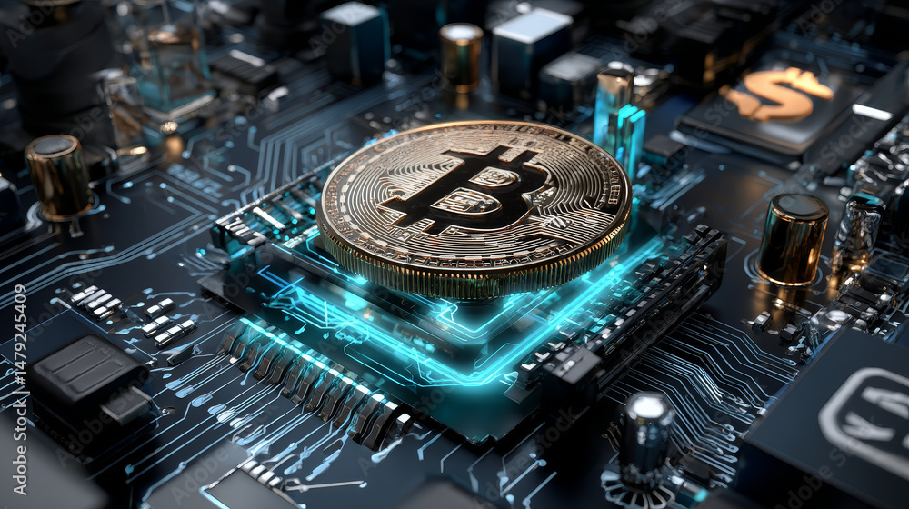 Poster blockchain cryptocurrency technology isometric concept. graphic cpu miner mines electronic crypto cu