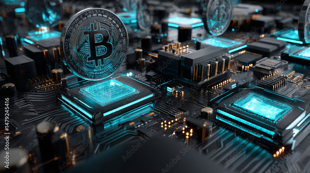 Poster blockchain cryptocurrency technology isometric concept. graphic cpu miner mines electronic crypto cu