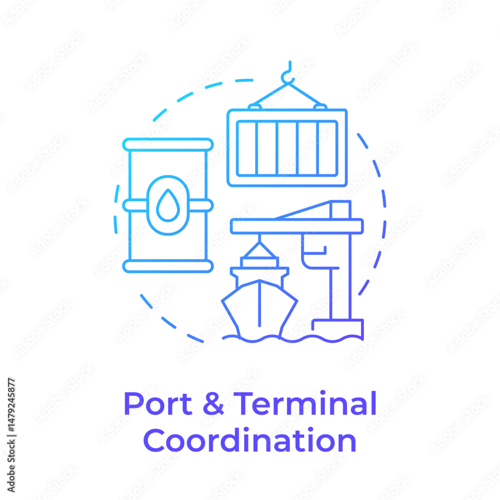 Poster port and terminal coordination blue gradient concept icon. ship management system solution. effectiv