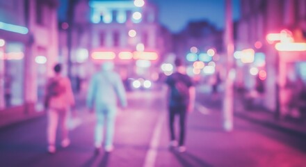 Evening Stroll Blurred Figures Walking on a City Street in Neon Lights