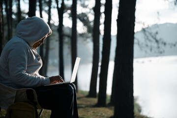 Future remote work combines technology nature smart phone enable e-learning productivity while...