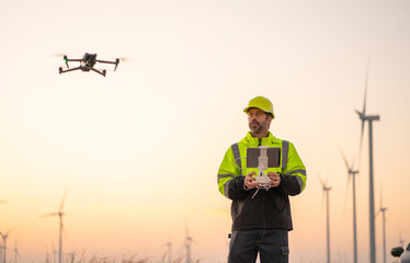 Engineer Specialists Pilot Drone on Wind Turbine Farm. Architectural Engineer and Safety Engineering Inspector Fly Drone at industrial plant.