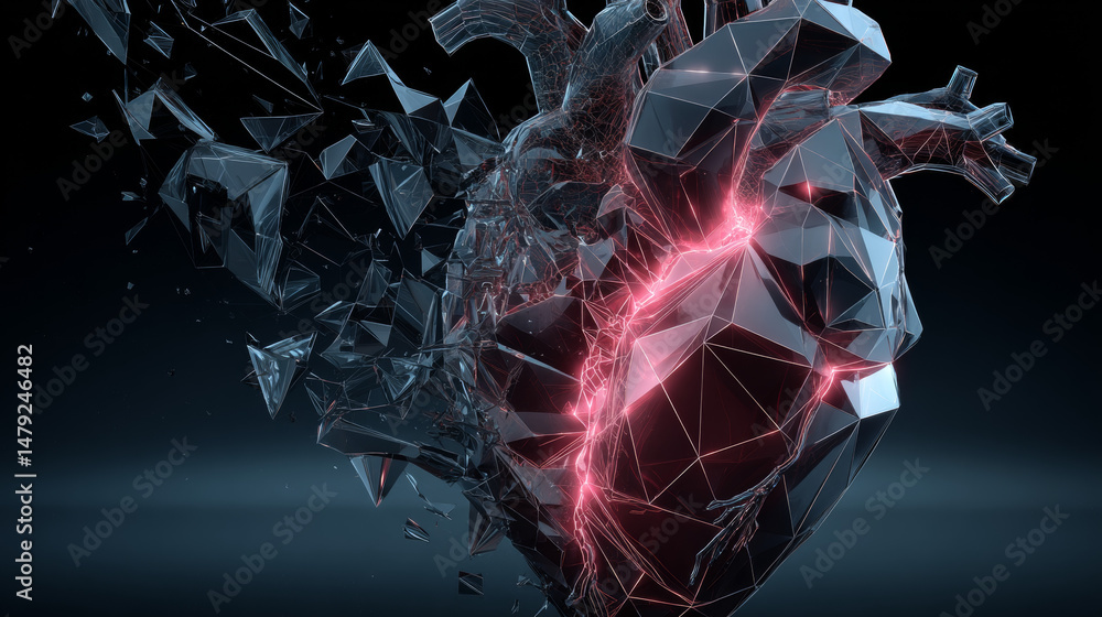 Poster abstract background. heart formed of lines and triangles crashing into pieces, tech vector illustrat