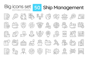 Ship management line icons set. Maritime traffic supervision. Sea transport industry. Cargo shipment regulation. Isolated vector outline illustrations. Thin lineart iconset symbols. Editable stroke