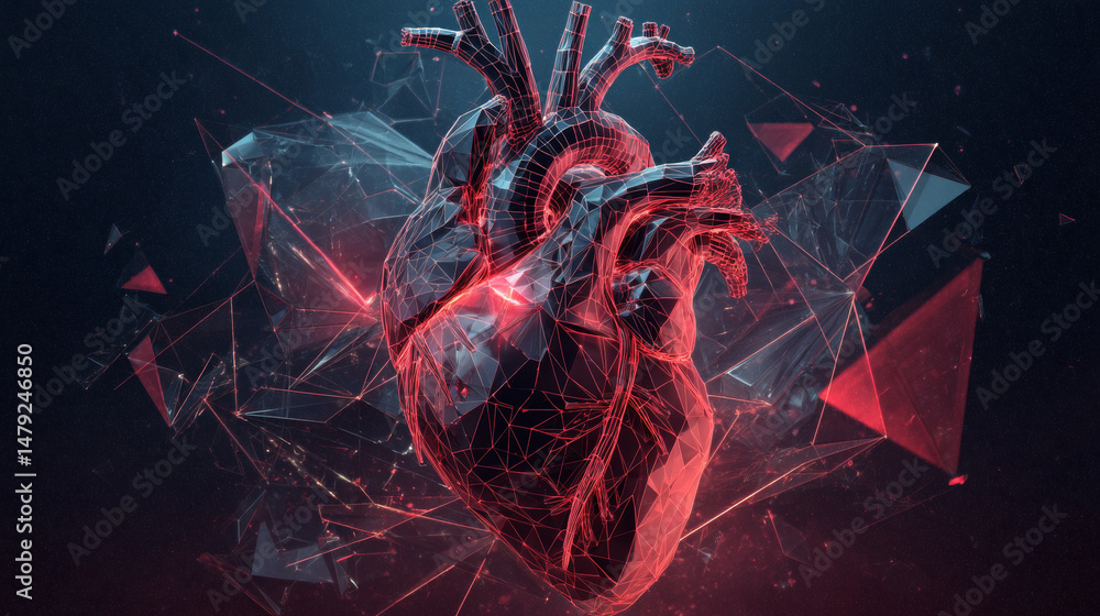 Poster abstract background. heart formed of lines and triangles crashing into pieces, tech vector illustrat