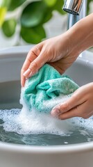 Fototapeta premium Close-up of hands soaking a stained cloth in a detergent solution, fabric care process. 