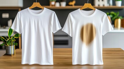 Comparison shot: before and after stain removal on a white t-shirt, laundry detergent effect.