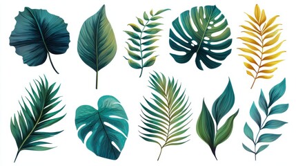 A 4K photo of set of Tropical leaves isolated on white background.