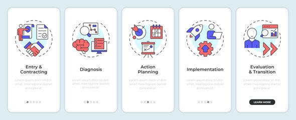 Consulting process stages onboarding mobile app screen. Walkthrough 5 steps editable graphic instructions with linear concepts. UI, UX, GUI. Montserrat SemiBold, Regular fonts used