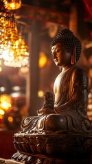 Fototapeta premium Serene Buddha Statue in Temple with Warm Light Reflections