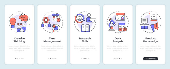 Plakat Key professional competencies onboarding mobile app screen. Walkthrough 5 steps editable graphic instructions with linear concepts. UI, UX, GUI. Montserrat SemiBold, Regular fonts used