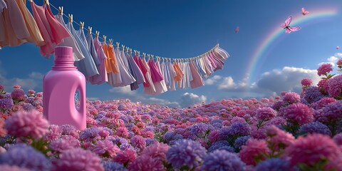 Young woman hangs sun-dried laundry washed with fragrant detergent, filling the air with a fresh, floral scent like a field of blooming flowers
