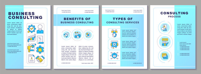 Business consulting brochure layout. Teamwork organization, human resources. Leaflet advertising design with color line icons. Editable 4 pages. Arial-Black, Myriad Pro-Regular fonts used