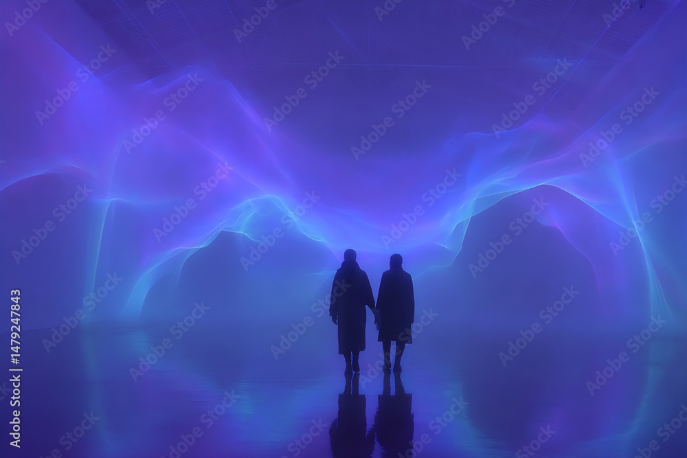 Poster dreamlike and biometric blurred photograph of an interactive art installation where the density and 