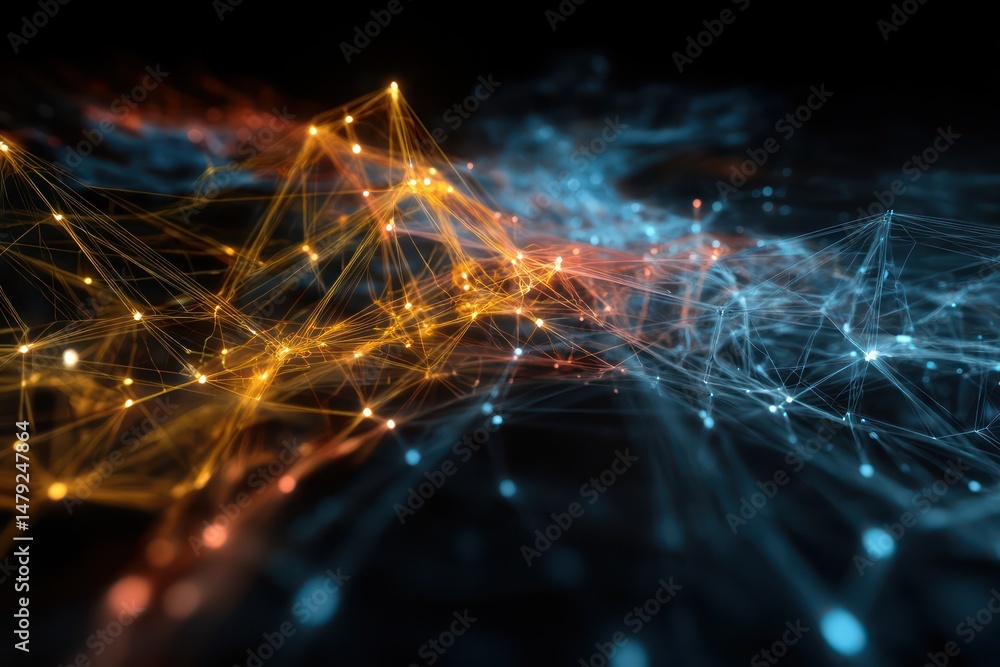 Poster neon-lit digital circuits connecting across a space, forming an intricate network of technology.