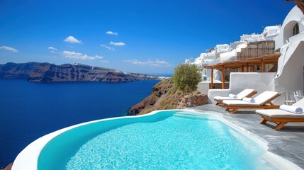 Obraz premium Rooftop pool area with clear sky view and sunbeds arranged beside water