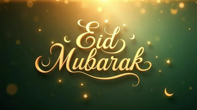 Eid mubarak golden calligraphy on a green background with crescent moon and star decorations bokeh lights