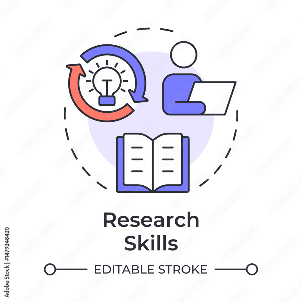 Poster research skills multi color concept icon. data collecting, analysis. documentation review. round sha