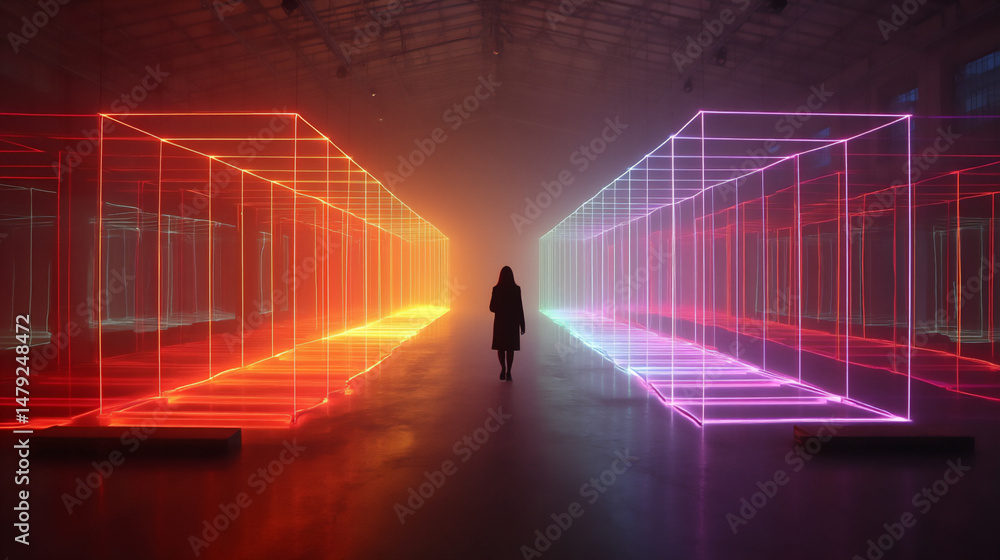 Poster dreamlike and personalized blurred photograph of an interactive art exhibition where abstract patter